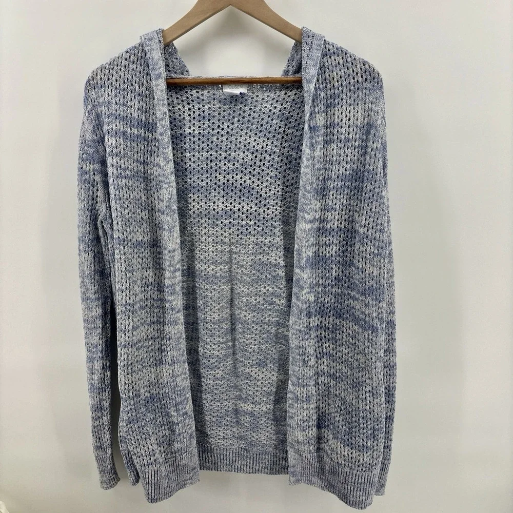 Sigrid Olsen Hooded Open Knit Cardigan Large Blue Linen Blend Beach‎ Resort